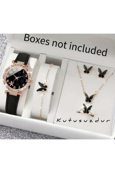 Genel Markalar 6 Parça Parlak Kuvars Saat Bileklik Kolye Küpe Yüzük Takı Seti Kelebek Detaylı Kutu Dahil Değildir