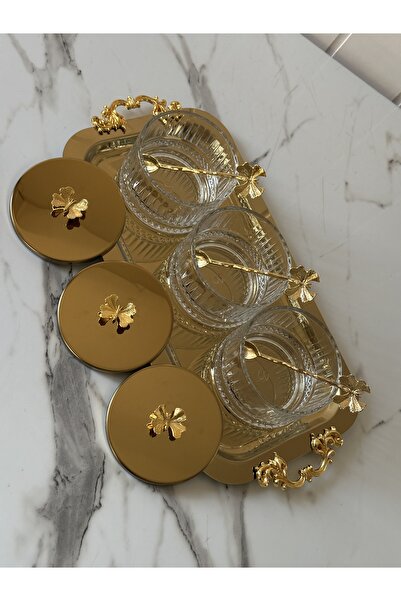 Melinda Gold Butterfly Figured Glass Bowl with Removable Handle Detail, Breakfast Jam Bowl, Snack Bowl Set