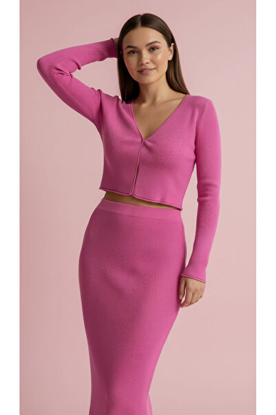 Digz fashion Pembe Tek Düğmeli Fitilli Crop Triko Hırka