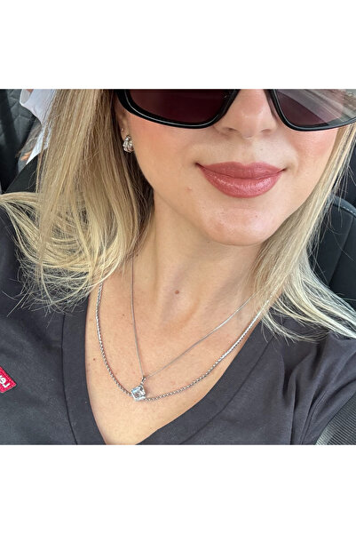 MODA Gümüş Rengi Vip Seri 45 cm Tektaş Kristal Küp Uçlu İnce Kolye