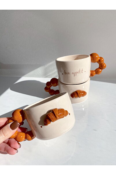 woness studio Handmade Wide Ceramic Mug with Croissants