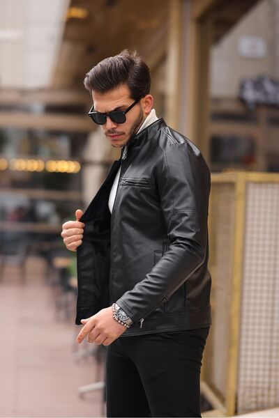 Rompasso Чоловіча чорна шкіряна куртка на блискавці з базовим флісовим рукаво...