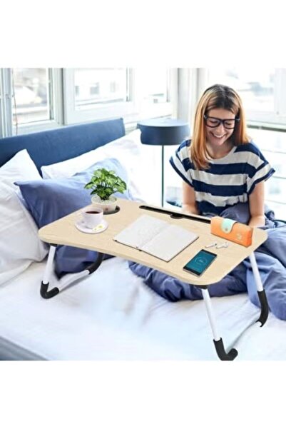 huitich Wood Laptop Desk with Drawer, Cup Holder, and Tablet Stand Beige