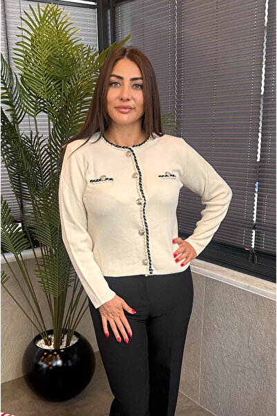 MİR STORE كارديجان بلون الحجر بأزرار معالجة خاصة مع شريط ملتوي