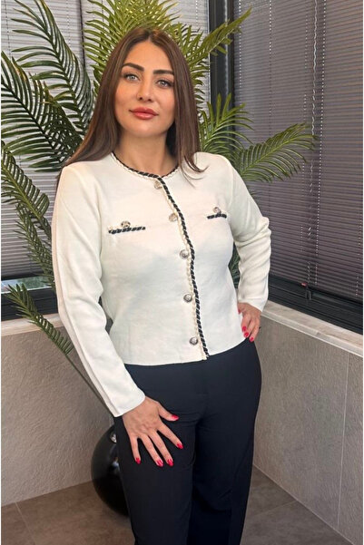 MİR STORE Cardigan Ecru cu nasturi cu dungi cu răsucire