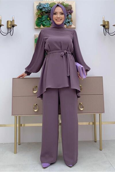 TRENDTESETTÜR KADIN MOR (LİLA) KOLU PİLİSELİ GENİŞ PAÇA PANTOLONLU TAKIM T 5348