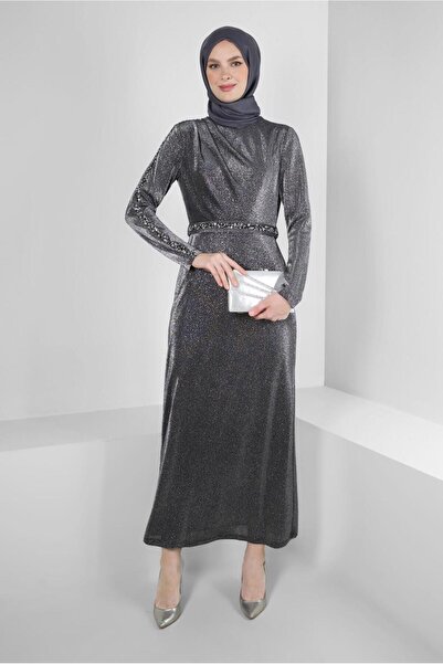 Alvina KOLU VE BELİ TAŞ BASKILI SİMLİ ABİYE ELBİSE 50325