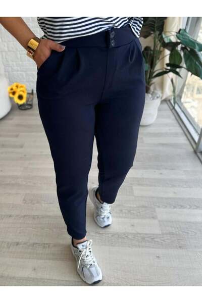 Club Floral Fashıon Жіночі штани з двома кнопками, плісировані, повна лайкра, щоденні, темно-сині