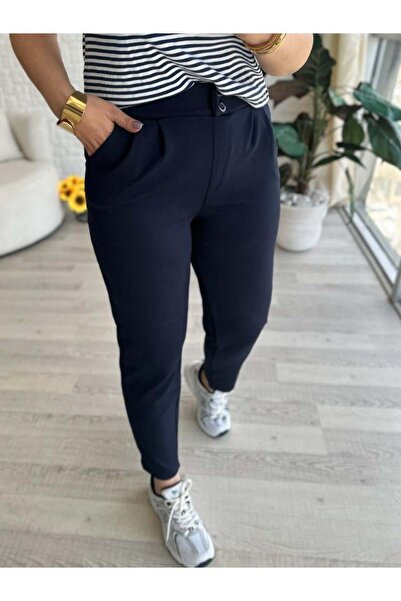 Club Floral Fashıon Жіночі штани з двома кнопками, плісировані, повна лайкра, щоденні, темно-сині