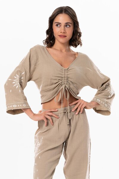 Eliş Şile Bezi Μακρυμάνικο Daylight Gather Λεπτομερής καλοκαιρινή μουσελίνα μπλούζα Mink Vzn