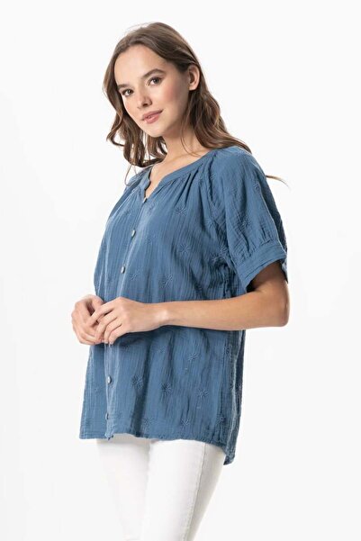 Eliş Şile Bezi Short Sleeve V-Neck Venus Buttoned Muslin Summer Blouse Indigo Indg