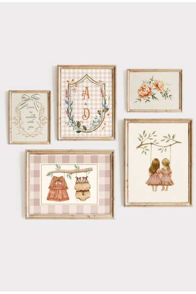 Kids İki KIZ Kardeş Temalı Vintage Çerçeveli 5'li Set