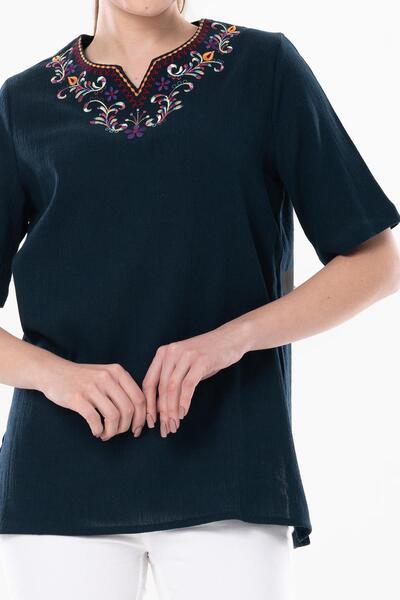 Eliş Şile Bezi Κοντό μανίκι Sile υφασμάτινο κέντημα ουράνιο τόξο Λεπτομερής καλοκαιρινή μπλούζα βενζίνη Ptrl