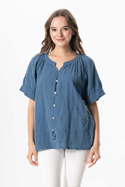 Eliş Şile Bezi Short Sleeve V-Neck Venus Buttoned Muslin Summer Blouse Indigo Indg