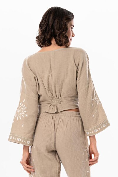 Eliş Şile Bezi Μακρυμάνικο Daylight Gather Λεπτομερής καλοκαιρινή μουσελίνα μπλούζα Mink Vzn