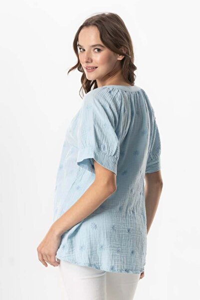 Eliş Şile Bezi Short Sleeve V-Neck Veículo Venus Buttoned Mobile Master Blue Blouse