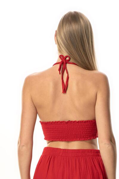Eliş Şile Bezi Summer Muslin Bustier with Goose Tie Detail Red Krmz