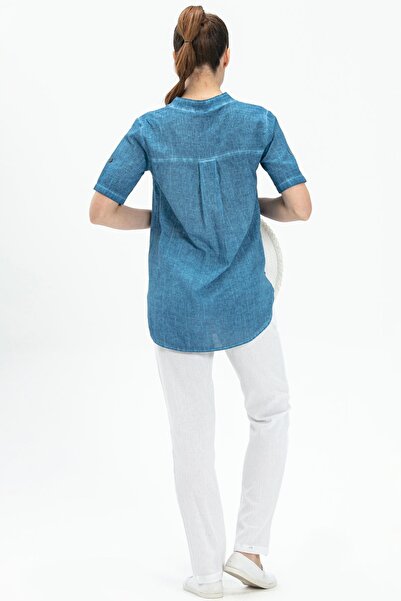 Eliş Şile Bezi Короткий рукав, шильська тканина, акація, літня блуза, джинсова тканина, синя, Ktmv