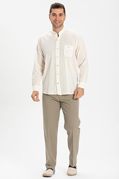 Eliş Şile Bezi Ανδρικό καλοκαιρινό πουκάμισο με μακρύ μανίκι Şile υφασμάτινο γιακά με μονή τσέπη κρέμα 3002