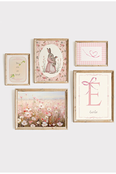 Kids Vintage Pembe Çerçeveli 5'li Kız Çocuk Odası Poster Seti