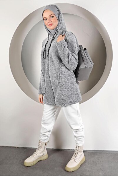 TRENDTESETTÜR Women's Gray Hooded Plush Jacket 50003
