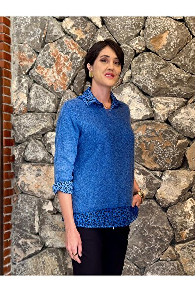 Punta Otantik NC516021 - Чоловічий комір Saks Кольоровий італійський светр з леопардовим візерунком