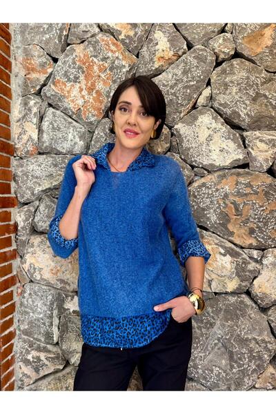 Punta Otantik NC516021 - Чоловічий комір Saks Кольоровий італійський светр з леопардовим візерунком