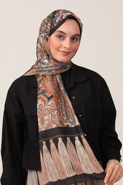 ipekistanbul شال من القطن والحرير - نمط شراشيب إترو - أسود قرفة
