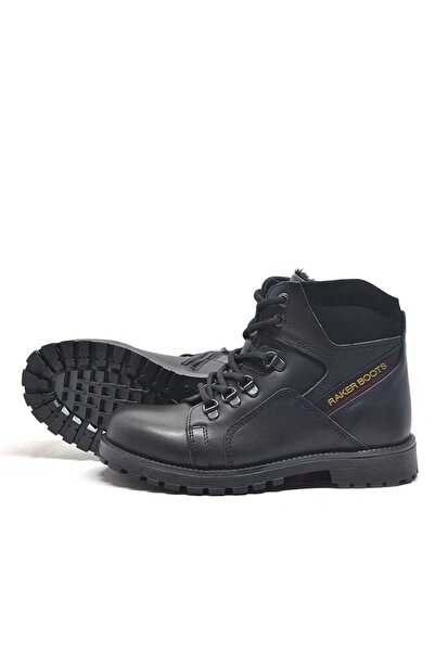 Rakerplus Genuine Leather Black Leather Zippered Fur Kids Boots