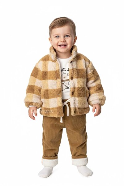 Mamman's Kışlık, Peluş Montlu 3'lü Kalın Kadife Pantolonlu, Ceketli Welsoft Erkek Bebek Takımı
