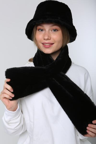 MARBERRY Black Soft Textured Plush Neck Collar & Hat Set of 2