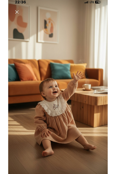 Noy Noy TRİKO ROBALI MÜSLİN KIZ BEBEK ELBİSESİ