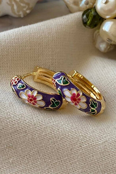 Leo'Stone Mineli Renkli Çiçek Motifli Halka Tasarım Kararmaz Renk Atmaz Kadın Çelik Küpe