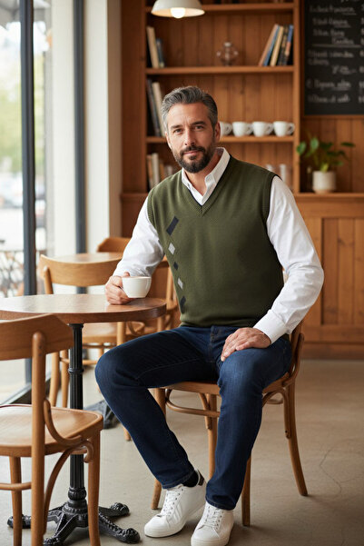 Kamalı Khaki Men's Steel Knit Winter Thick Knitwear V-Neck Knitwear Knit Non-Pilling Jumpers