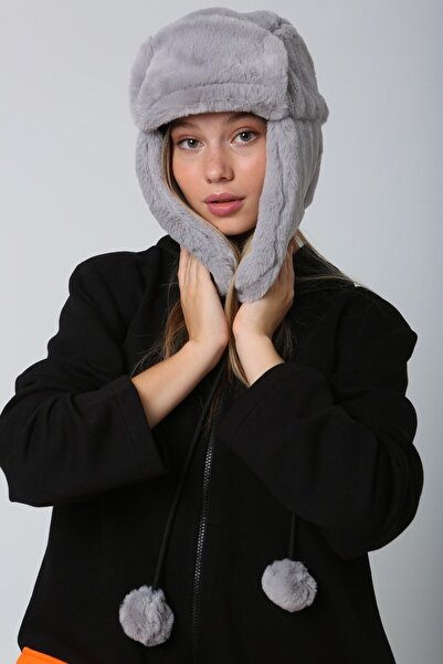MARBERRY Plush Gray Women's Hat - with Faux Fur and Headphones