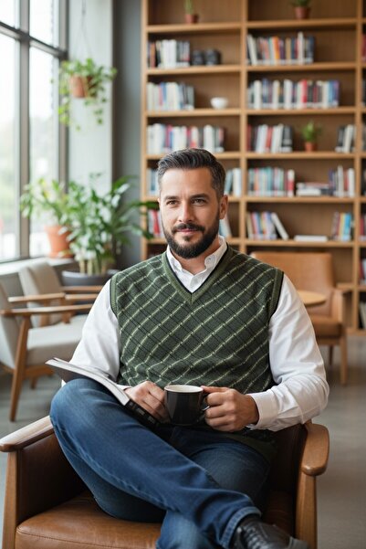 Kamalı Чоловічий светр хакі - сталеве плетіння, картатий візерунок, товстий трикотаж, V-подібний виріз, не пушиться, прямий крій