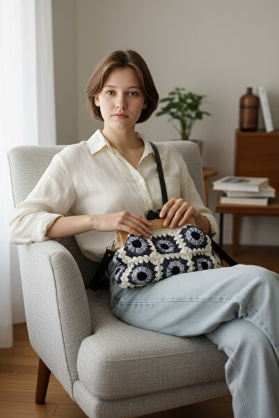 Satürn Hobi Örgü Motifli Ahşap Burslu Çanta