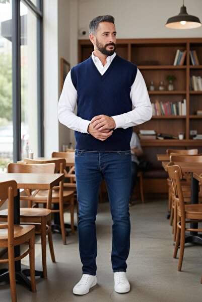 Kamalı Темно-синій чоловічий Celik Orgu Intersiye Короткий товстий трикотажний светр з V-подібним вирізом Orgu Tuylenmez Suveter