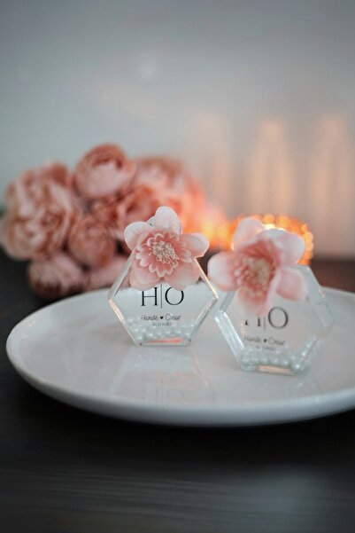 Sirmion Pembe Çiçek Detaylı Beşgen Cam Kolonya Söz Nişan Bebek Düğün Nikah He...