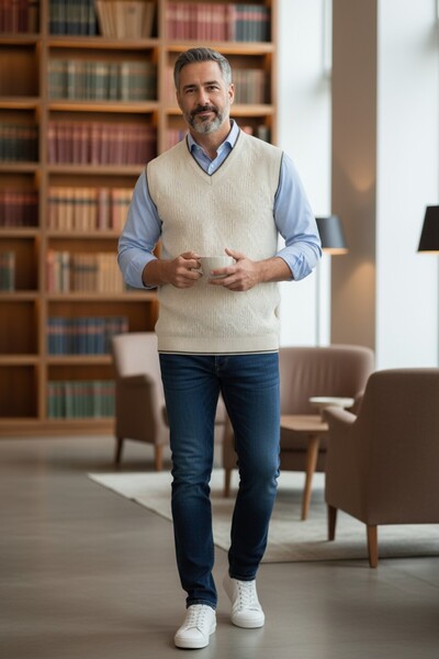 Kamalı Мъжки плетен пуловер с V-образно деколте - без плискане, плетен с линейна плетка, стандартна кройка