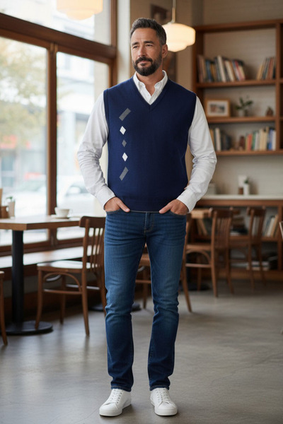 Kamalı Lacivert Erkek Çelik Örgü Kışlık Kalın Triko V Yaka Triko Örgü Tüylenmez Süveter