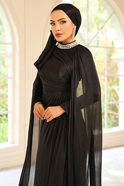 Olcay Yoryo Silk Hijab Evening Dress with Stone Collar and Cape Detail Black 1247
