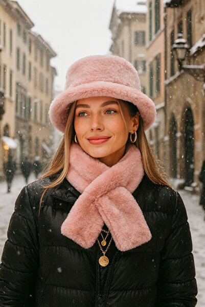 MARBERRY طوق ورقبة وقبعة من القطيفة الناعمة باللون الوردي، مجموعة مكونة من قطعتين