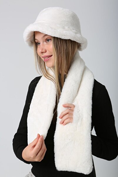 MARBERRY Ecru Soft Textured Plush Neck Collar & Hat Set of 2