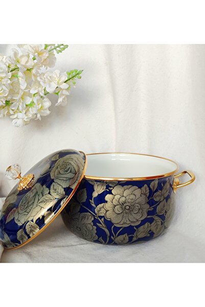 EBRULİEMAYE Navy Blue Rose Enamel Lux Pot 5 Liters 24 cm Diameter Milk Yogurt Soup Pot