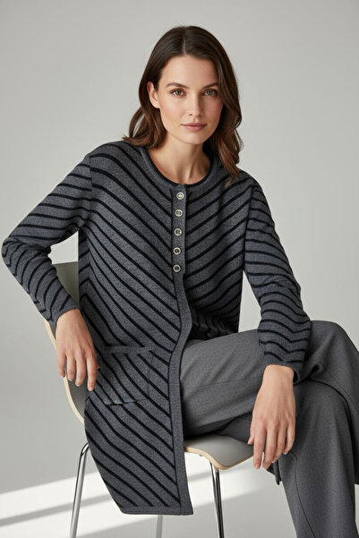 ENDAMIM Striped 3 Button Long Plus Size Knit Cardigan