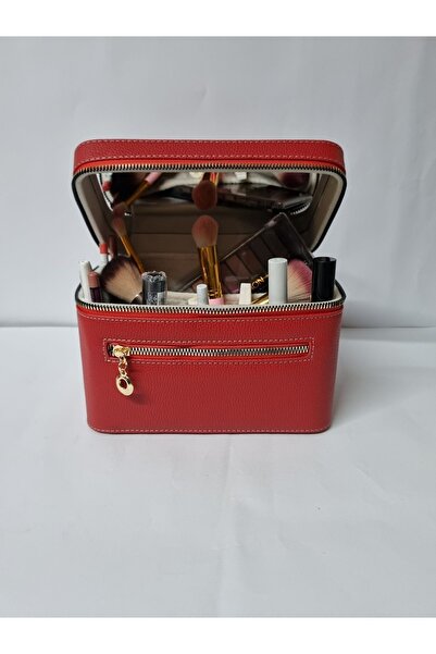 Gold Box Cosmetic Makeup Bag with Mirror Travel Set Makeup Accessories Organizer RED