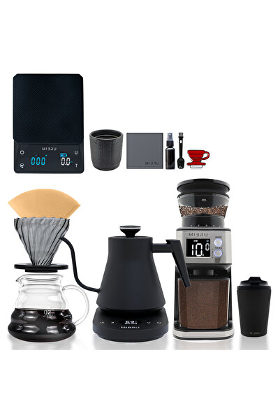 MIBRU مجموعة ماكينة قهوة V60 مكونة من 12 قطعة، مجموعة قهوة كاملة بالتنقيط مع مطحنة كهربائية وغلاية