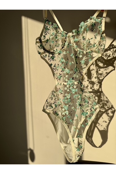 TRIO LINGERIE Dantelli Brode Yeşil Çiçekli Balenli Kapsız Transparan Bodysuit