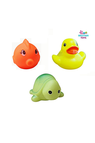 Brother Toys Suda Yüzen Ses Çıkaran Vinil 3 Adet Banyo Oyuncağı Balık, Kaplumbağa, Ördek Oyuncak 7 Cm.